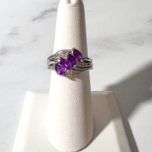4 Stone African Amethyst & White Zircon 925 Sterling Silver Ring
